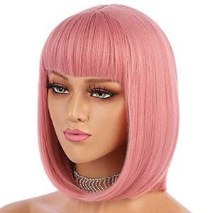 eNilecor Short Bob Wig 12" Straight with Flat Bangs Synthetic Cosplay Wig (Pink)